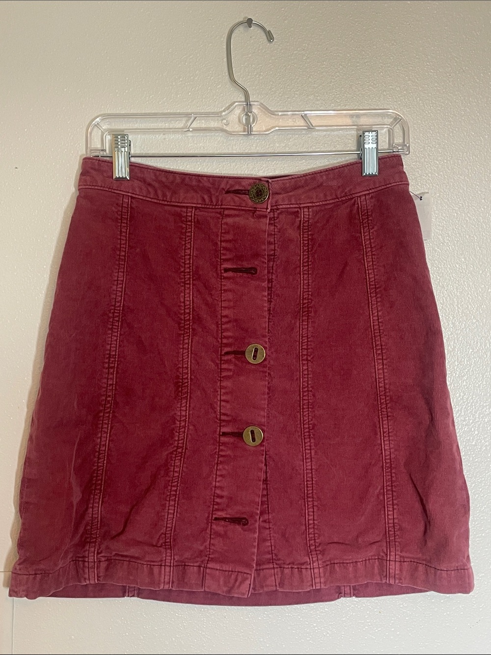 Pilcro Button-Front Mini Skirt in Burgundy Corduroy